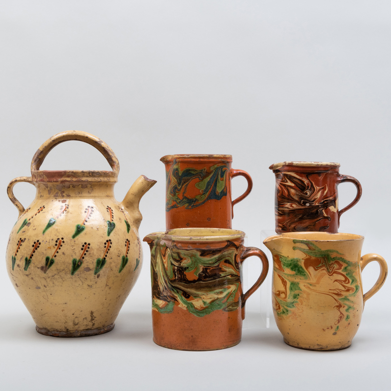 Appraisal: Group of Five Earthenware Vessels Unmarked The largest x in