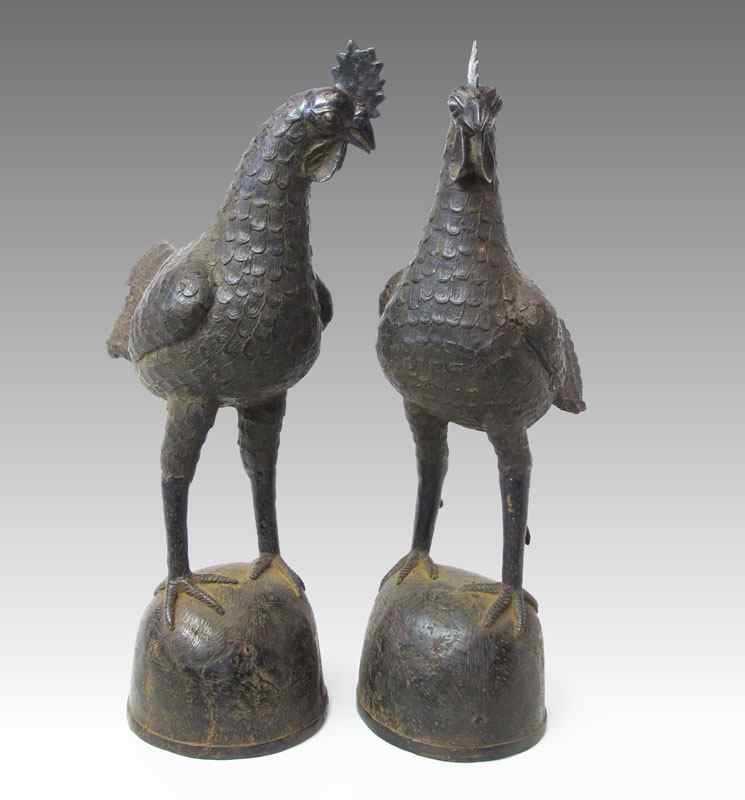 Appraisal: TWO AFRICAN BRONZE CAST METAL ROOSTERS SCULPTURE one measures '