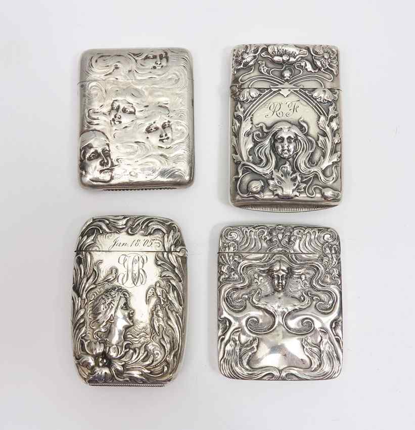 Appraisal: ART NOUVEAU STERLING SILVER MATCH SAFES To include faces amid