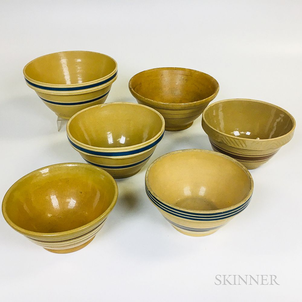 Appraisal: Six Banded Yellowware Mixing Bowls Six Banded Yellowware Mixing Bowls