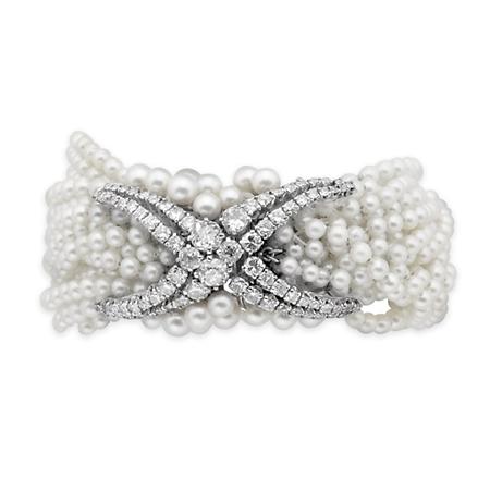 Appraisal: Seventeen Strand Cultured Pearl and Diamond Torsade Bracelet Estimate -