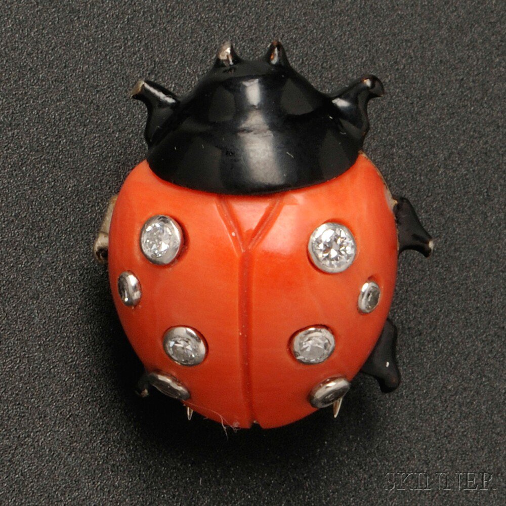 Appraisal: kt White Gold Black Lacquer Coral and Diamond Ladybird Brooch