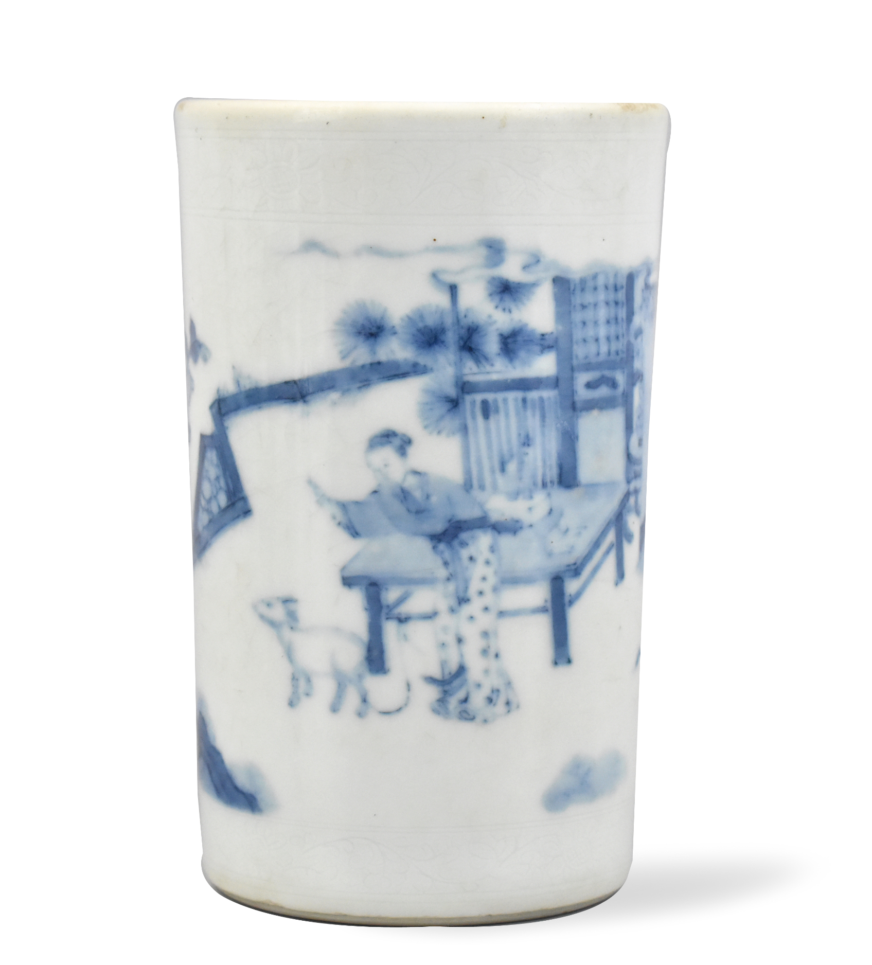 Appraisal: A Chinese blue white brushpot with figure and a dog