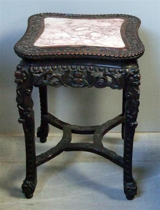 Appraisal: Chinese rosewood marble top pedestal with carved and pierced frieze