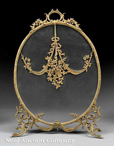 Appraisal: A Louis XVI-Style Bronze Firescreen stamped LP oval with C-scroll