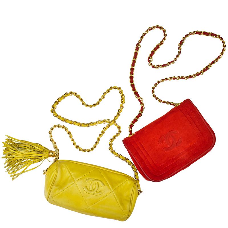 Appraisal: TWO BRIGHT MINIATURE CHANEL BAGS Yellow quilted leather barrel bag