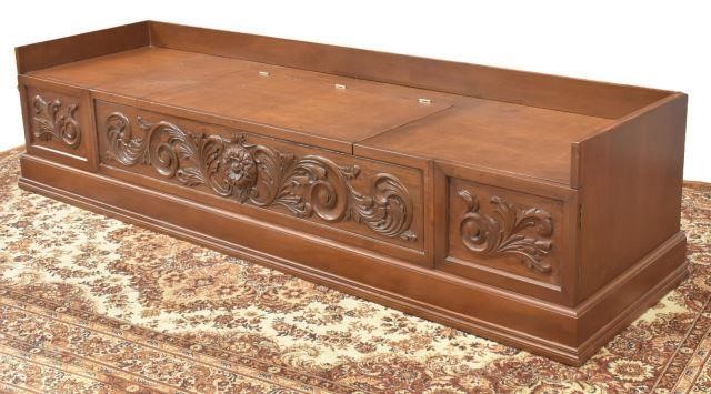 Appraisal: Large walnut storage bench trunk having raised rail to back