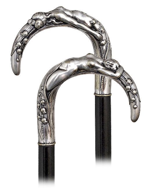 Appraisal: Figural Art Nouveau Cane -Ca -Well-proportioned crook silver-plated handle with