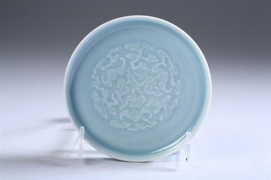 Appraisal: CHINESE CLAIR-DE-LUNE PORCELAIN SAUCER Qianlong underglazed blue seal mark Bat