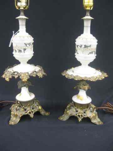 Appraisal: Pair of French Bronze Opalene GlassTable Lamps leaf vine decor