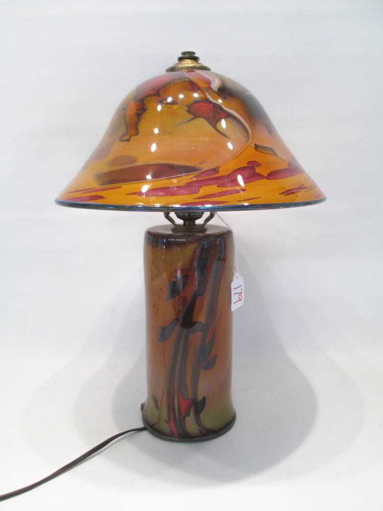 Appraisal: CASANOVA GLASS STUDIO TABLE LAMP amber and multi-colored domed glass