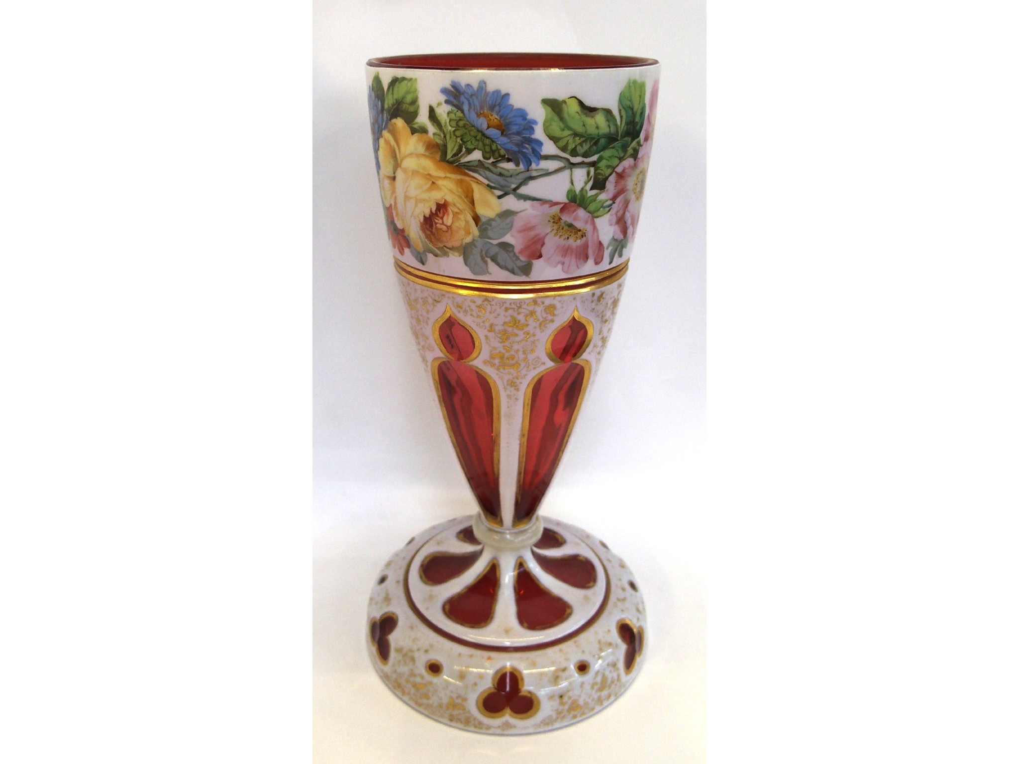 Appraisal: Bohemian overlaid large glass vase painted with flowers