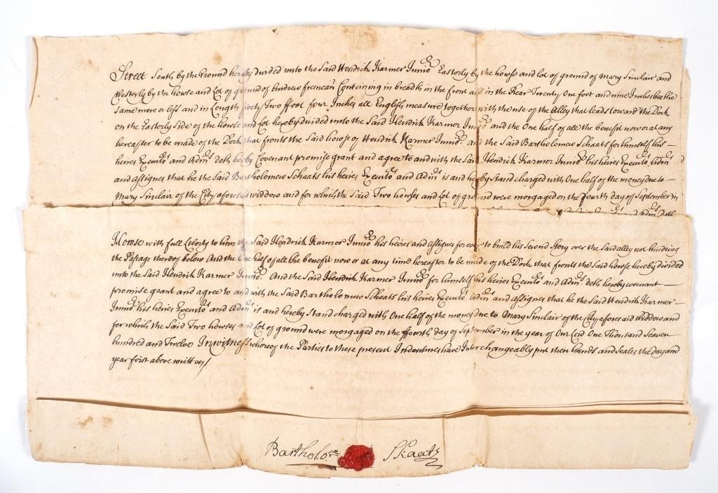 Appraisal: New York City indenture dated describing land belonging to Bartholomew