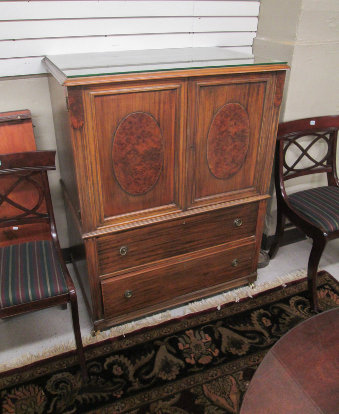 Appraisal: BURL WALNUT AND MAHOGANY DRESSER American c s the upper