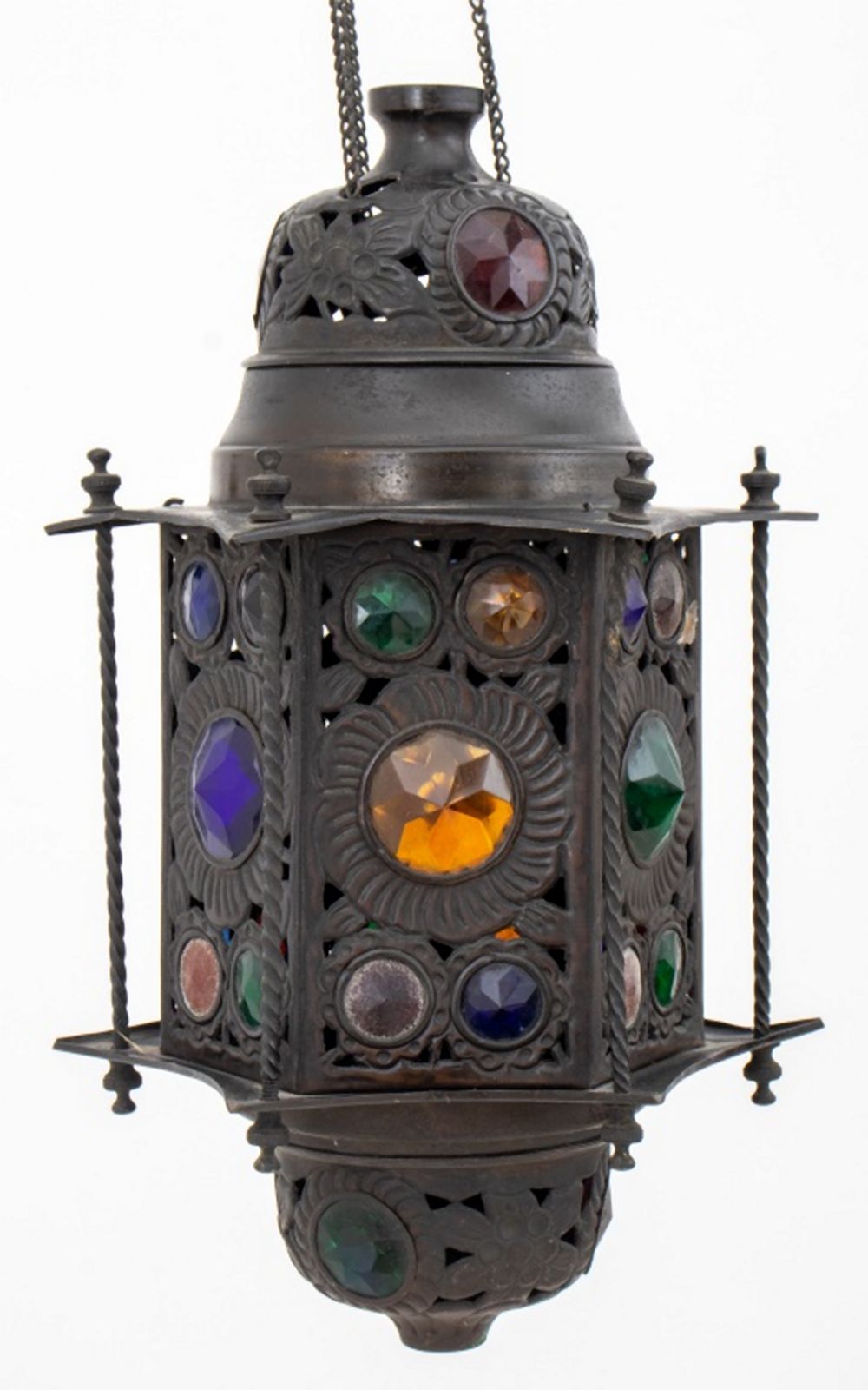 Appraisal: AMERICAN AESTHETIC STYLE GLASS GEM-SET LANTERN American Aesthetic style glass-gem