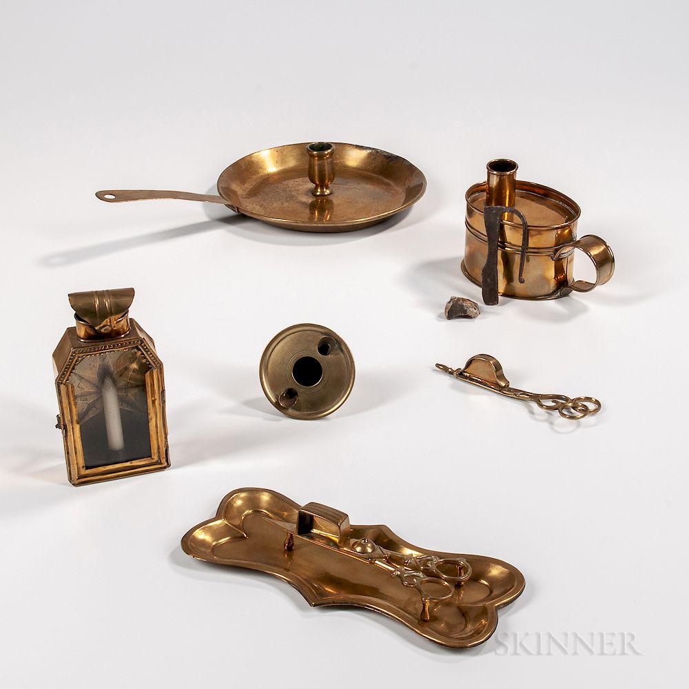 Appraisal: Six Early Brass Lighting Items Six Early Brass Lighting Items