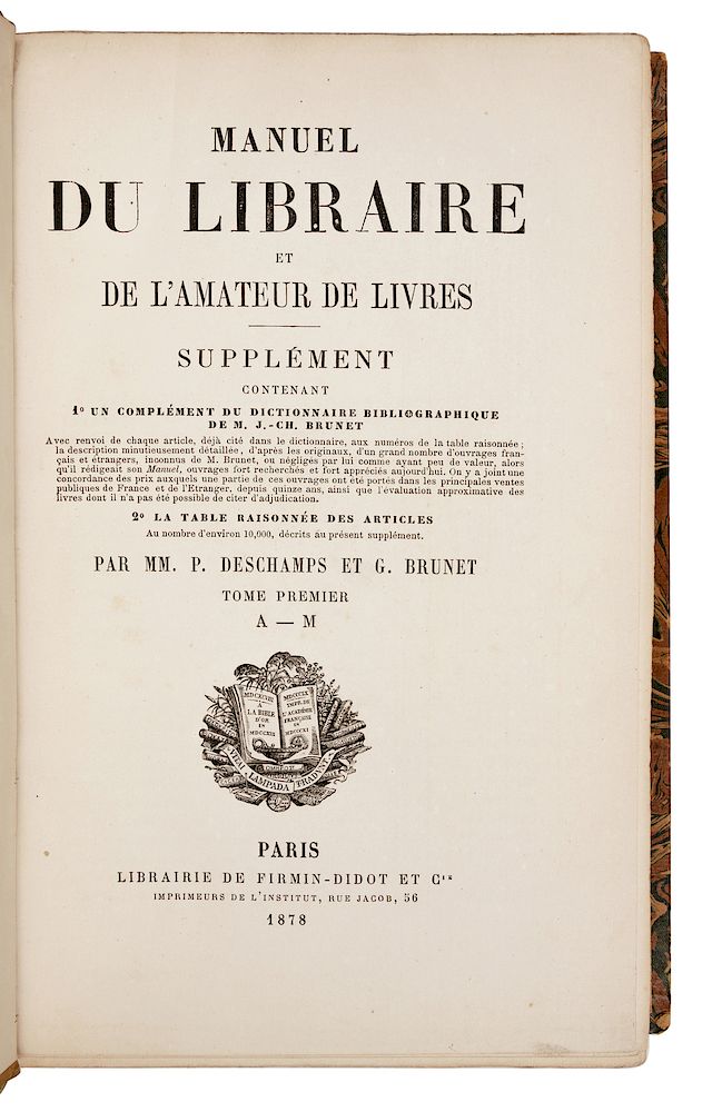 Appraisal: BOOKS ABOUT BOOKS -- BIBLIOGRAPHY BRUNET Jacques Charles - Manuel