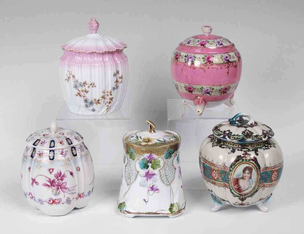 Appraisal: HAND PAINTED PORCELAIN BISCUIT JARS Turn of the last century