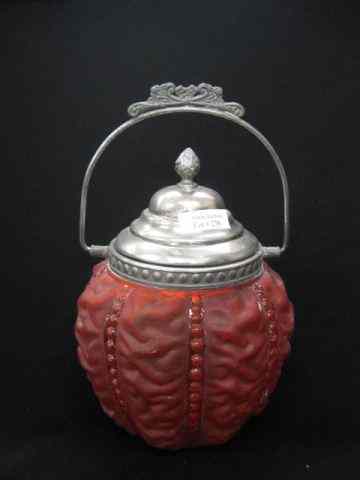 Appraisal: Victorian Red Satin Art Glass Biscuit Jar bead and puffy