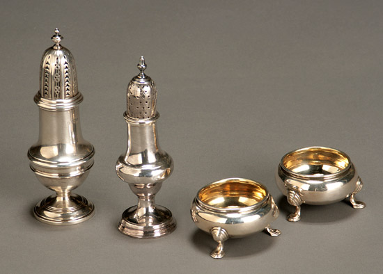 Appraisal: Pair of English Silver Salt Cellars and Two Casters The