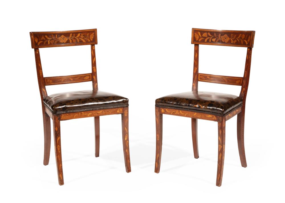 Appraisal: Pair of Antique Continental Marquetry Side Chairs early th c