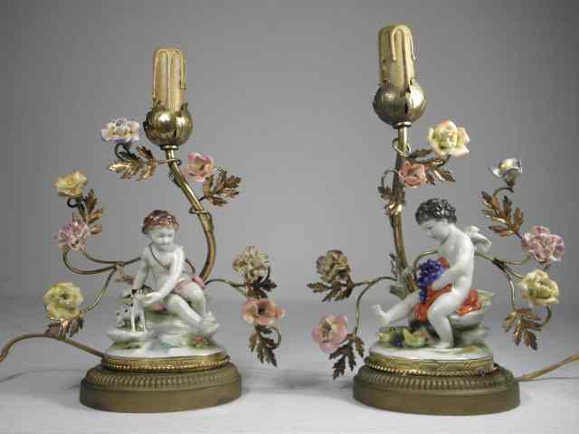 Appraisal: Pair of small continental gilt bronze and porcelain boudoir lamps