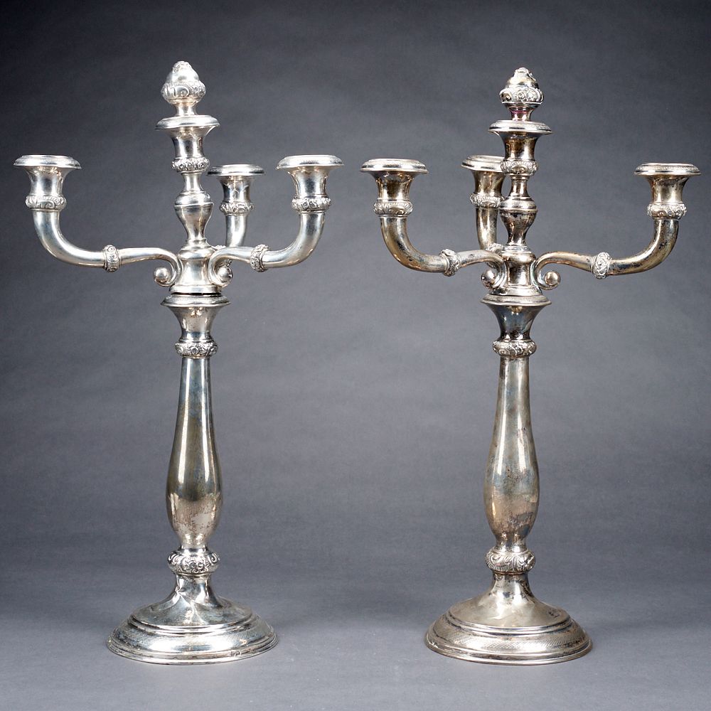 Appraisal: Pair of Large Silver Triple Candelabras Pair of silver triple