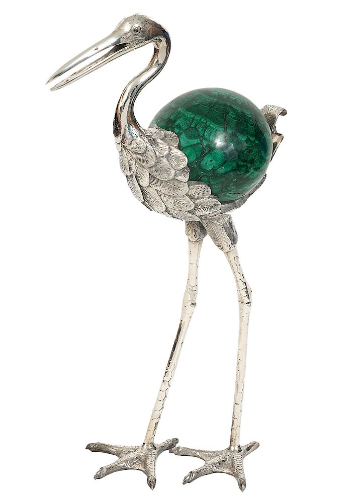 Appraisal: Anthony Redmile Silverplate Malachite Heron Anthony Redmile silverplate heron with