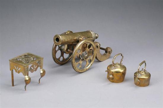 Appraisal: FOUR PIECES OF BRASS Toy cannon h l Two kettles