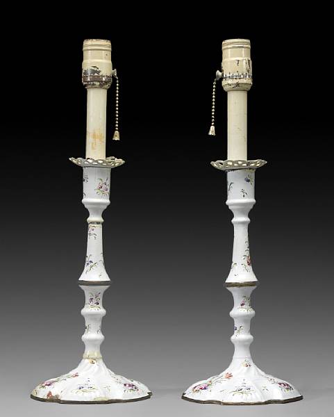 Appraisal: A pair of George III painted enamel candlesticks late th