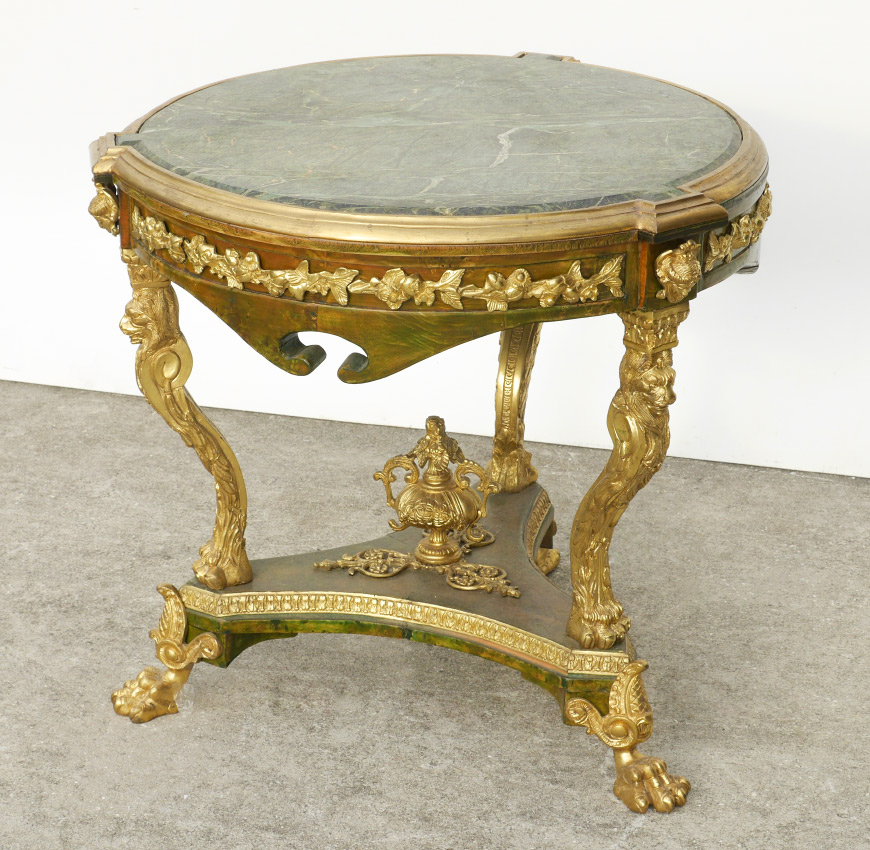 Appraisal: FRENCH LOUIS XV STYLE MARBLE TOP TABLE Inset green variegated