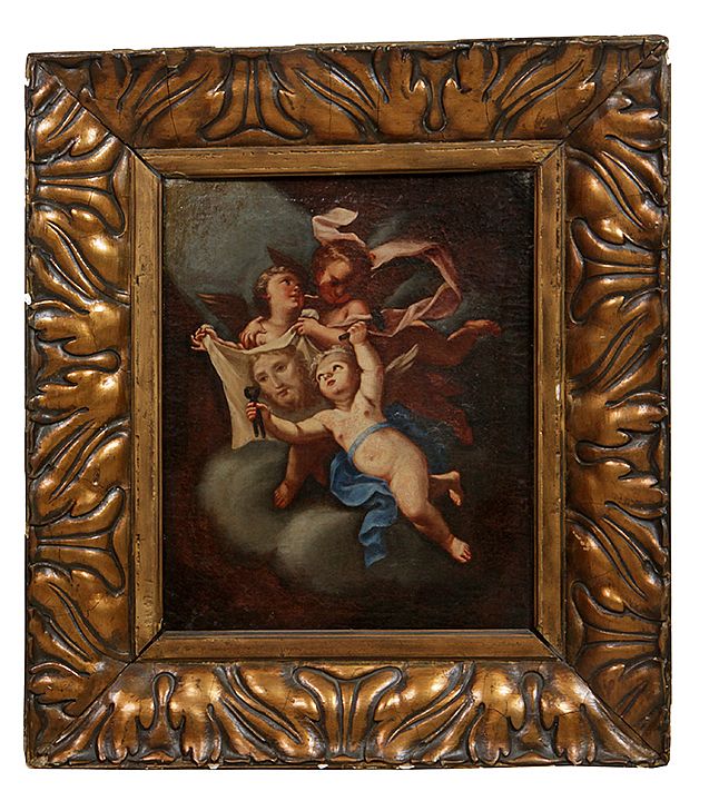 Appraisal: Religious Oil Painting A group of angels which are holding