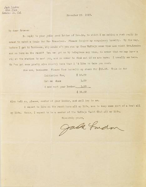 Appraisal: LONDON JACK Typed Letter Signed Jack London p to Glen