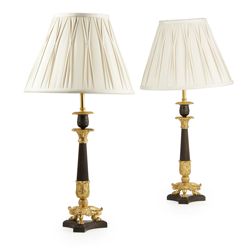 Appraisal: PAIR OF GILT AND PATINATED BRONZE LAMPS EARLY TH CENTURY