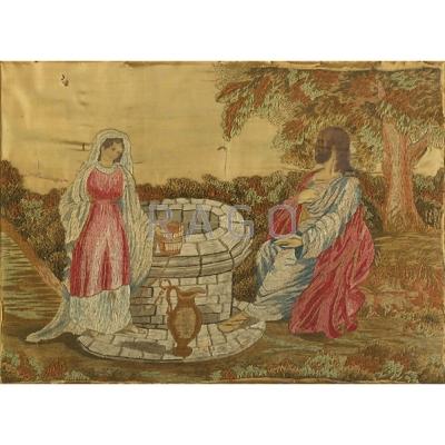 Appraisal: ENGLISH SILK NEEDLEWORK Depicting the Samaritan woman at the well