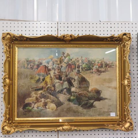 Appraisal: Egon Wallburg watercolor villagers shepard image area x ornate gold