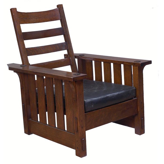 Appraisal: Early Gustav Stickley Morris chair classic form with five vertical