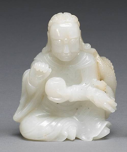 Appraisal: A small white jade seated figure of a luohan The