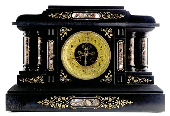 Appraisal: French slate and marquetry mantel clock circa stepped and molded