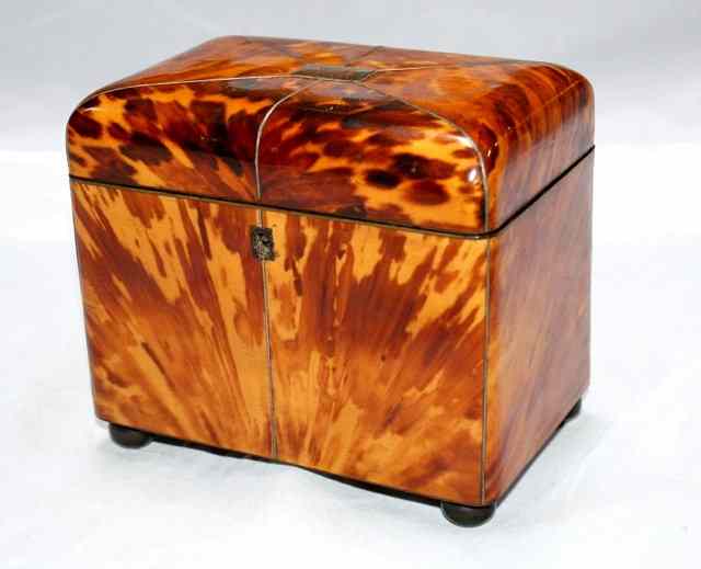 Appraisal: A TORTOISESHELL TWO DIVISIONAL TEA CADDY with hexagonal sectioned domed