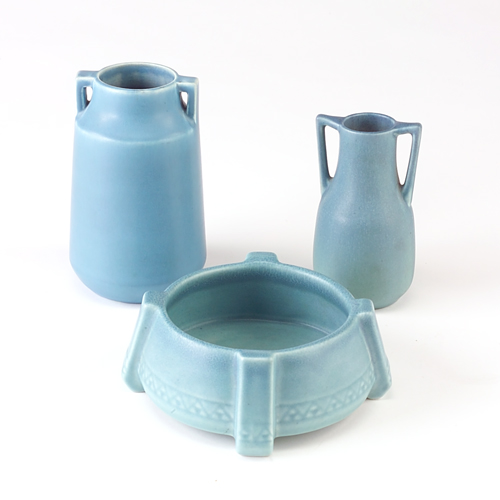 Appraisal: ROOKWOOD Three Production vessels in matte blue glaze two two-handled