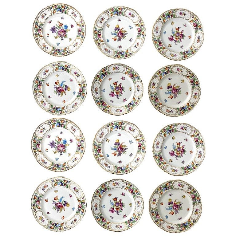 Appraisal: Twelve Dresden Flowers Dinner Plates Twelve Dresden Flowers Dinner Plates