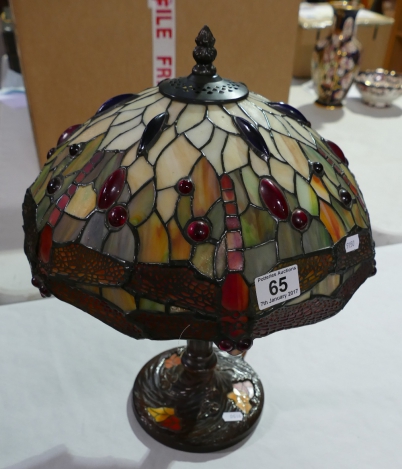 Appraisal: Bronzed tiffany style reproduction table light with dragonfly jeweled decoration