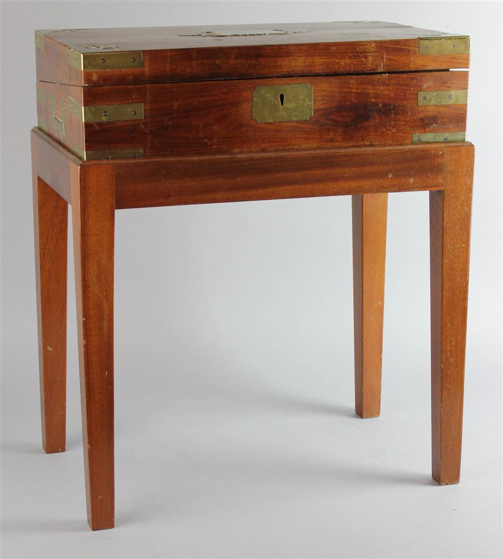 Appraisal: ENGLISH MAHOGANY BRASS BOUND LAP DESK ON STAND opening to