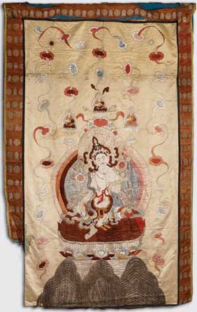 Appraisal: ANTIQUE TIBETAN SILK THANKA Antique Tibetan silk embroidered thanka satin