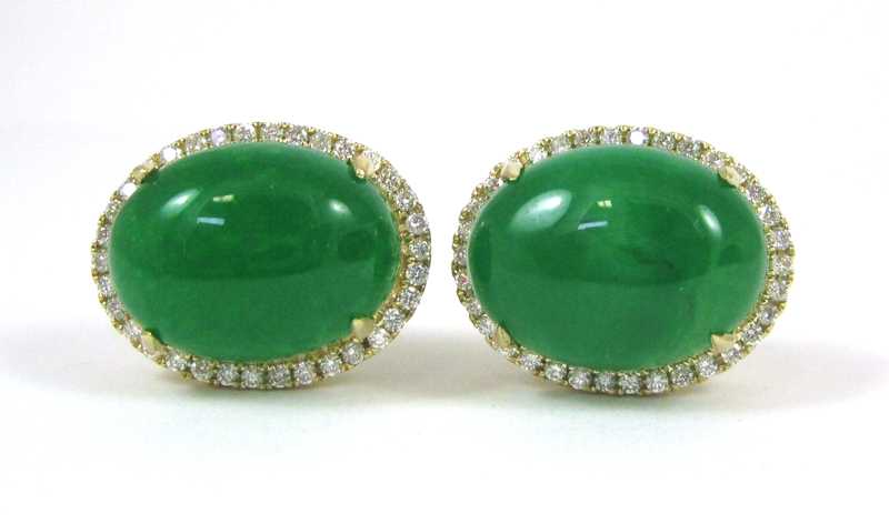 Appraisal: PAIR OF GREEN JADE AND DIAMOND EARRINGS each k yellow