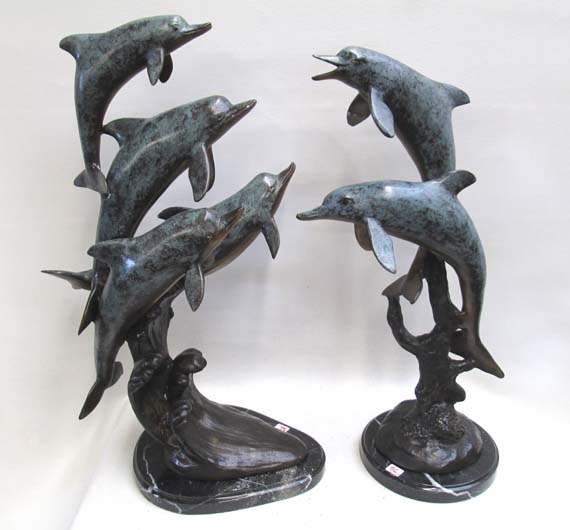 Appraisal: TWO MARINE WILDLIFE BRONZE SCULPTURES two marbleized polychrome enamel dolphin