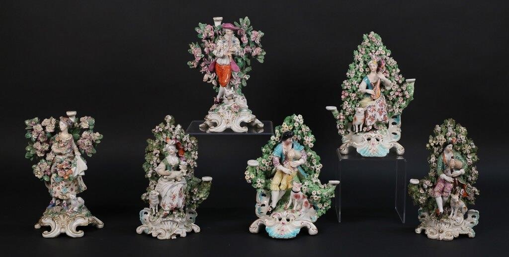 Appraisal: CHELSEA STYLE BOCAGE PORCELAIN CANDLESTICKS Chelsea or Derby style figural