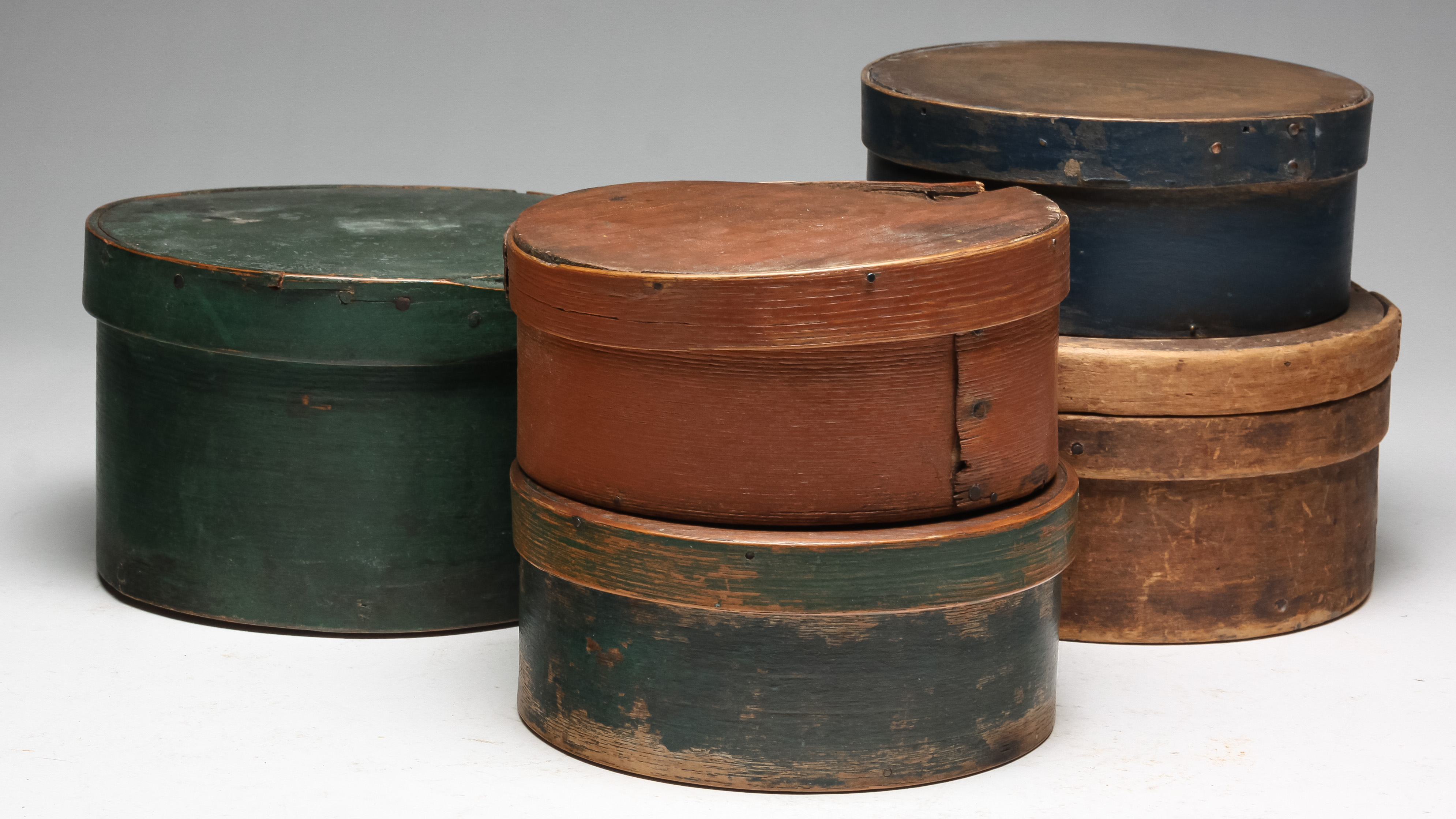 Appraisal: FIVE AMERICAN PANTRY BOXES Second half th century Green repainted