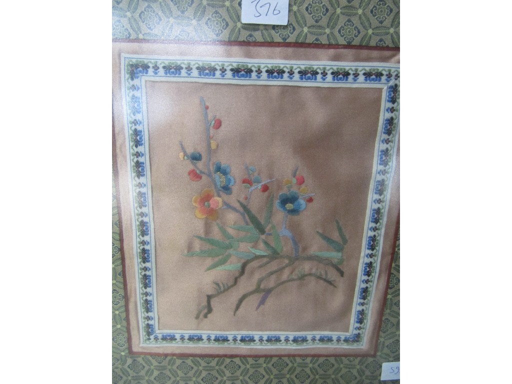 Appraisal: Lot comprising three framed embroidered panels